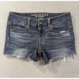 American Eagle Jean Shorts Womens Size 8 Blue Shortie Cut Off Faded Whiskers